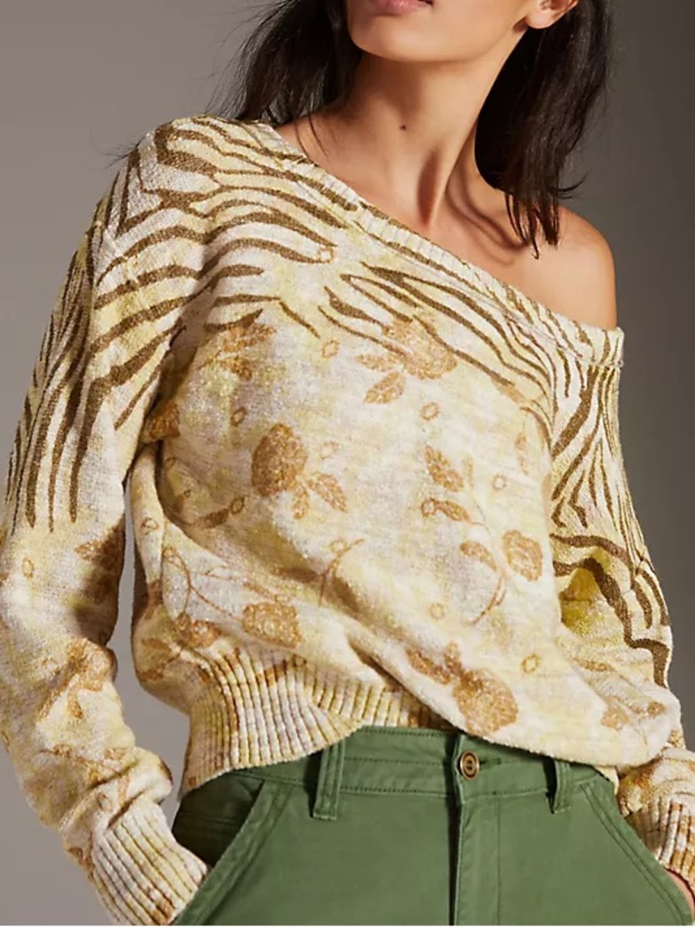Pilcro Off Shoulder Sweater Mixed Media Floral Animal Print Boho Artsy Medium